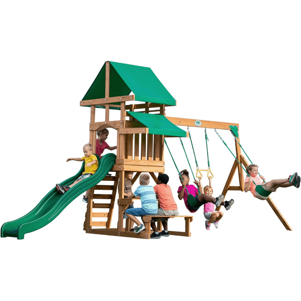 laitmm-product-108-image-1 Canyon Creek All Cedar Swing Set Playset w/ Rockwall Upper Fort Belt Swings Web Swing Gray Wave Slide, and Play Kitchen - Image 1