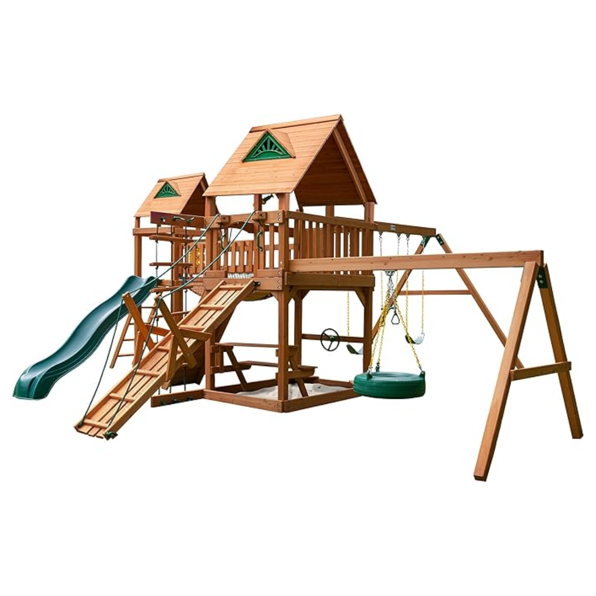 laitmm-product-44-image-1 Gorilla Playsets Pioneer Peak Treehouse Wooden Swing Set with Tire Swing, and Clatter Bridge and Tower - Image 1