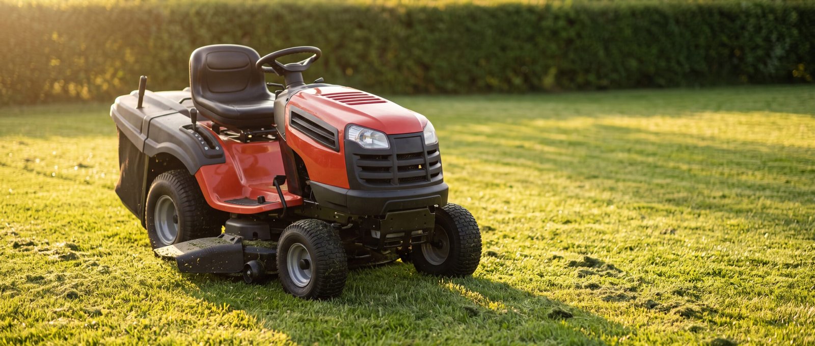 Red ride-on lawn mower on a freshly cut lawn at golden hour