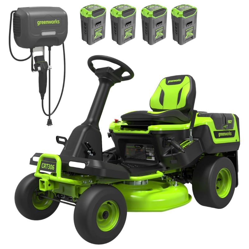 1-11.png Greenworks 30in 60V 16HP Equivalent Riding Lawn Mower 1.25 Acre Tow Capacity 200 lbs with (4) 8.0Ah Batteries & Turbo Charger - Image 1