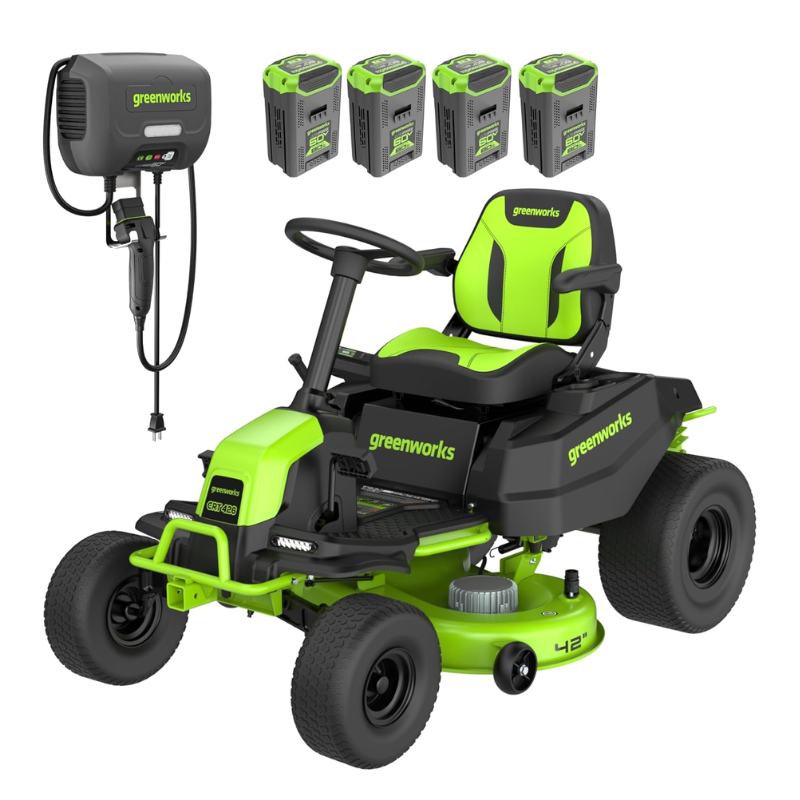 1-12.png Greenworks 42in 60V CrossoverT Cordless Riding Lawn Tractor with (4) 8.0Ah Batteries & 600W Plug-In Charger - Image 1