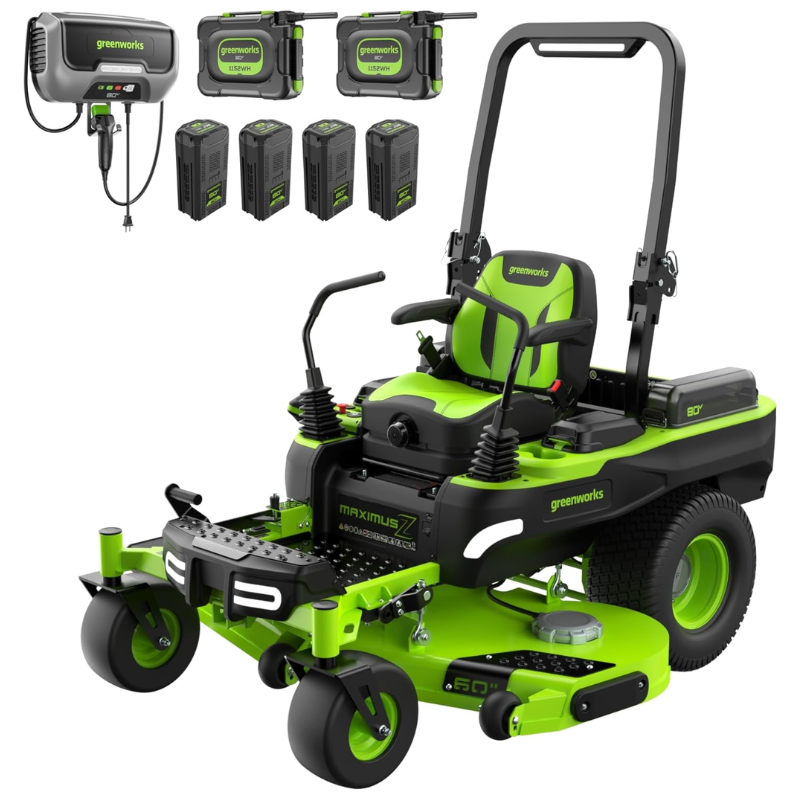 1-14.png Greenworks 60in 80V 41HP Equivalent Riding Lawn Mower 5.12 Acre Rear Dump Bed with (2) 16.0Ah + (4) 8.0Ah Batteries & Turbo Charger - Image 1