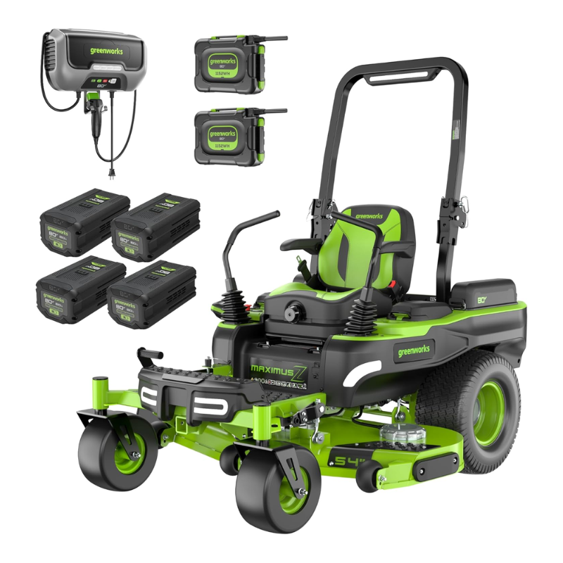 1-16.png Greenworks 54in 80V Zero-Turn Riding Lawn Mower MaximusZ Fast Charging with (2) 16.0Ah + (4) 6.0Ah Batteries & 1.5kW Charger - Image 1