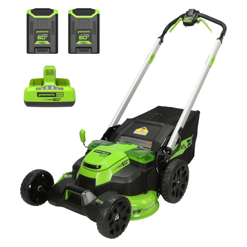 1-7.png Greenworks 25in 60V Lithium-Ion Self-Propelled Lawn Mower Dual Battery System with (2) 4.0Ah Batteries & Fast Charger - Image 1